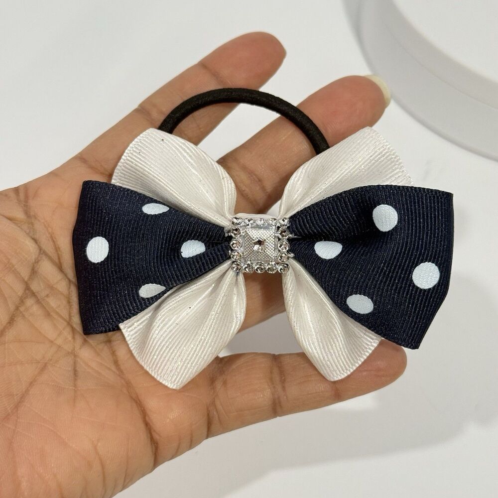 Handmade Navy Blue White Polka Dot Bow Ponytail Holder Elastic Hair Tie - Picture 4 of 7